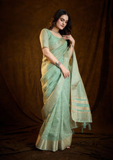 Premium Mint Glow Silk Saree with Intricate Woven Border